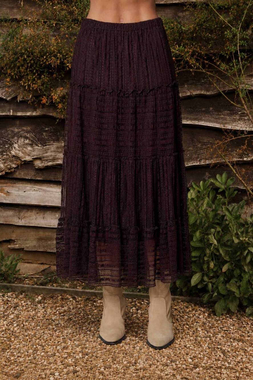 NEW BLU PEPPER textured stripe ruffle tiered midi skirt in chocolate brown